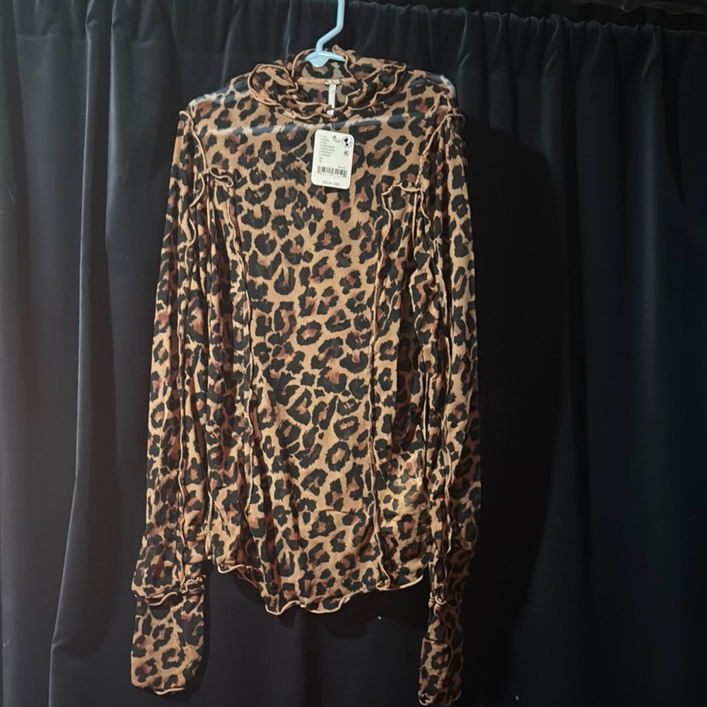 Free People Brown and Tan Graphic Blouse with Peter Pan Collar